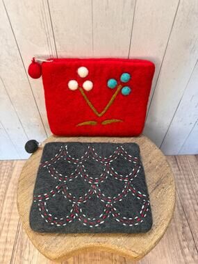 Set of 2 Felted Wool Colorful Pouches Red Gray 6 x 4.5 Small Accessory Bag
